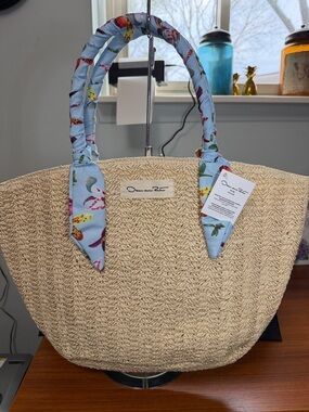 Oscar de la Renta Straw Tote with Light Blue Floral-Print Handles